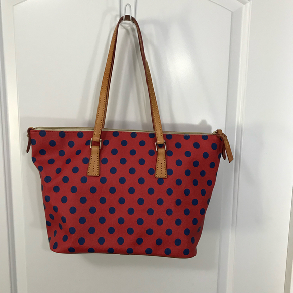 Dooney and Bourke Red with Blue Polka Large Shopper Dot Tote & Dustbag EUC - Picture 2 of 12